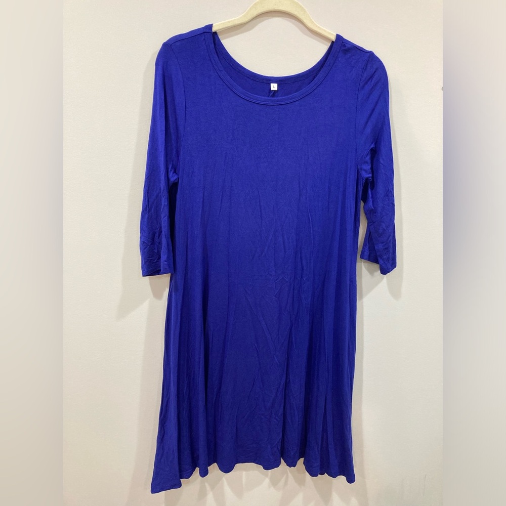 Blue Dress with Pockets and Three Quarter Length Sleeves